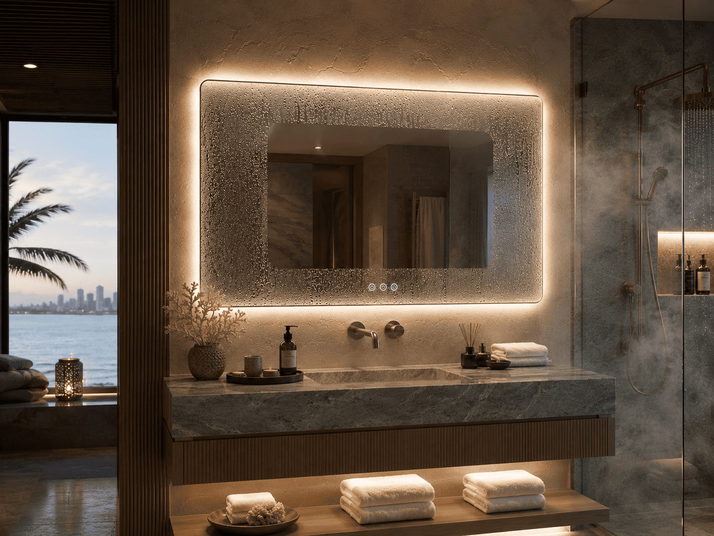 Backlit LED mirror with anti-fog surface and sealed edges in a humid coastal hotel bathroom