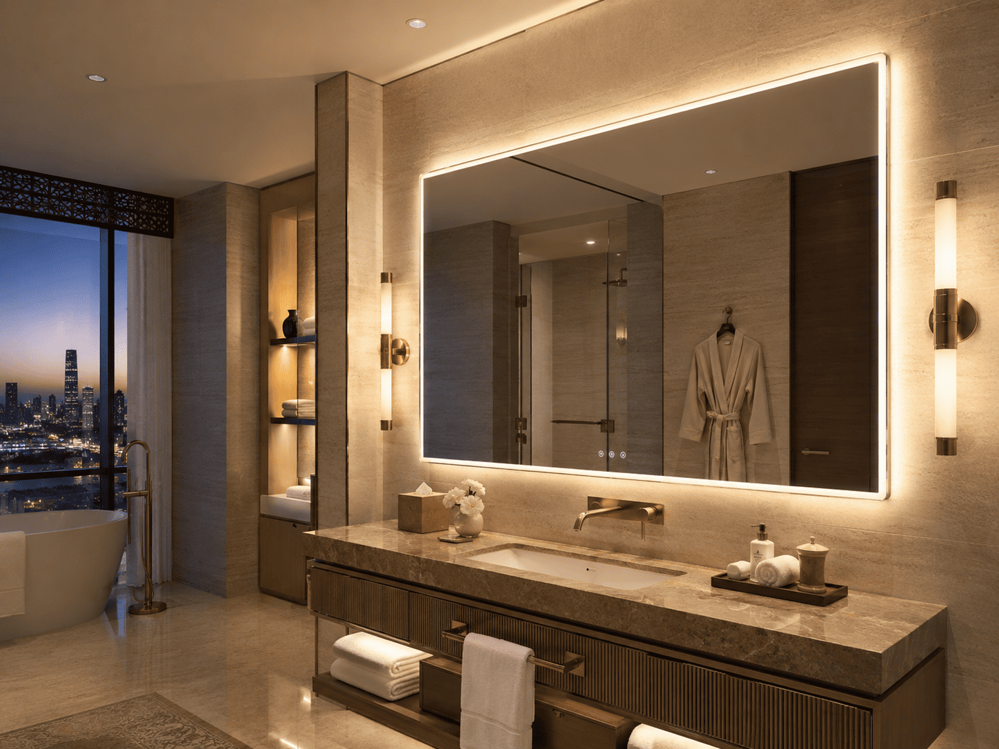 Warm backlit LED mirror in a Kuwait hotel bathroom with a marble vanity and coastal hospitality setting