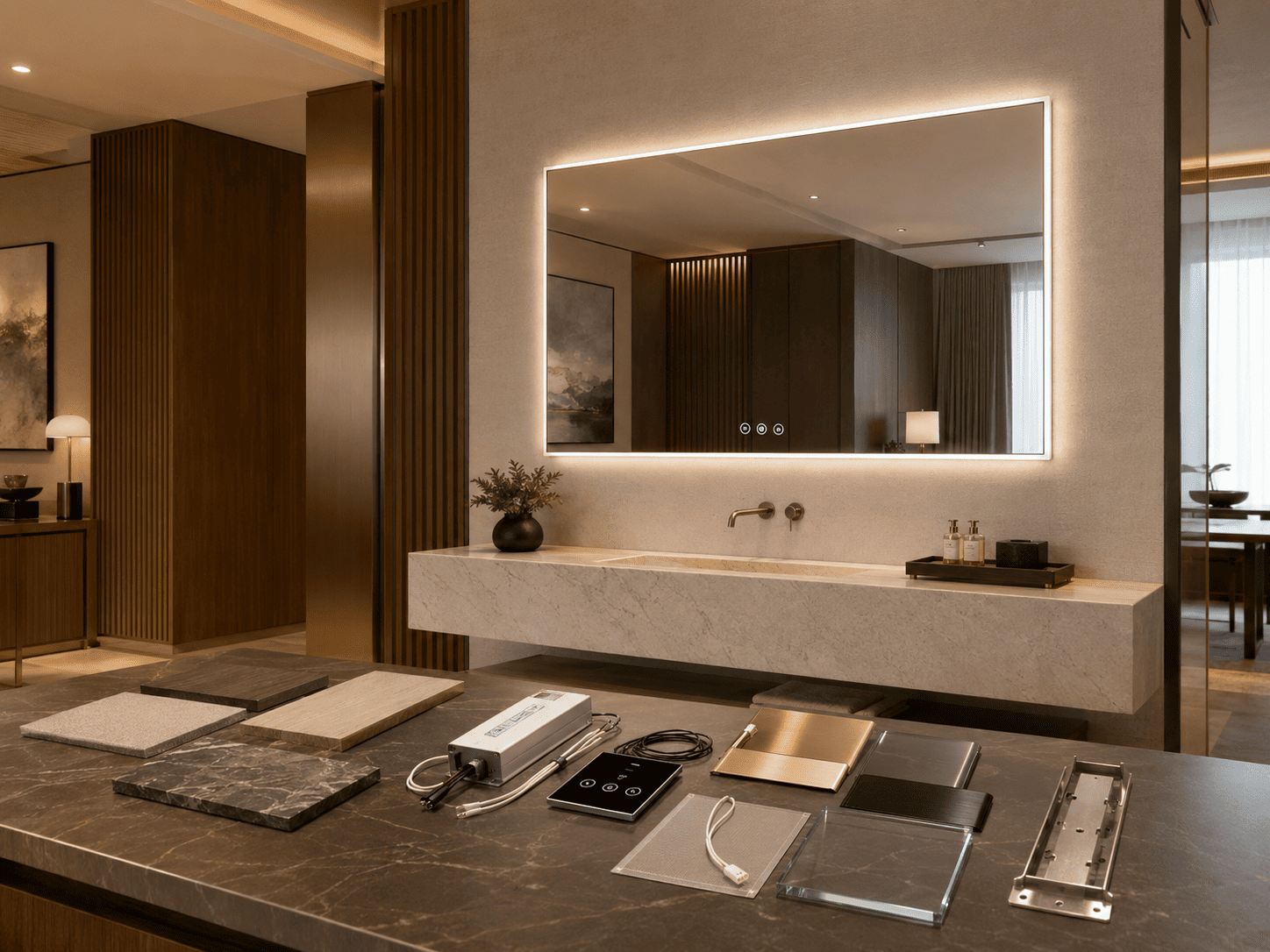 LED mirror components and finish samples arranged for hotel project specification review