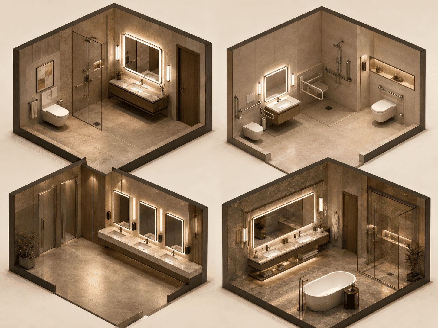 LED mirror applications across Kuwait hotel, accessible bathroom, commercial, and resort projects