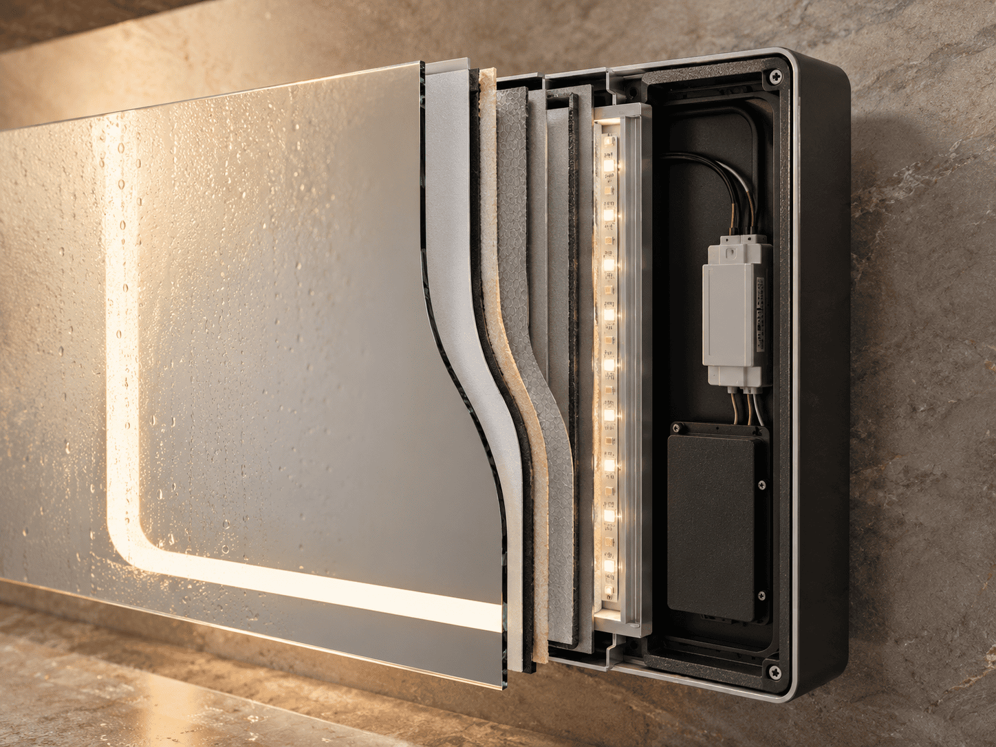 Climate-adapted LED mirror construction with sealed enclosure, demister, LED strip, and protected driver for Kuwait projects