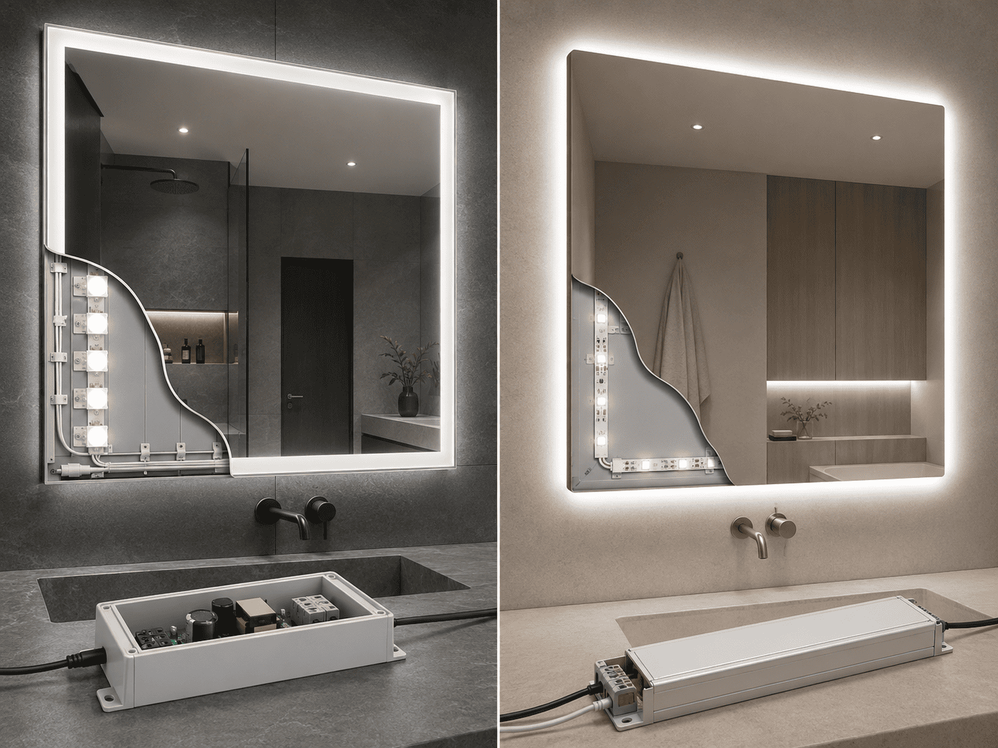 LED bathroom mirror driver comparison showing integrated light strip layout and external power supply components for driver selection and maintenance planning