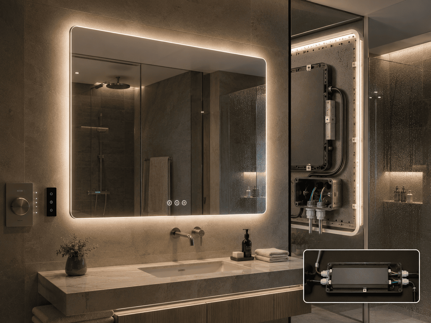 Backlit bathroom mirror with exposed rear driver compartment and wiring connections used to explain dimming and moisture-protection requirements