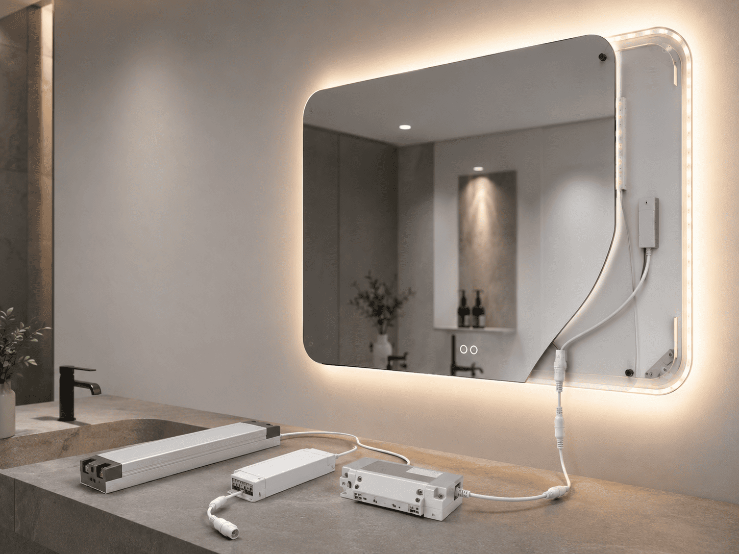 Backlit bathroom mirror with exposed LED driver components and wiring layout beside a vanity for technical driver selection guidance