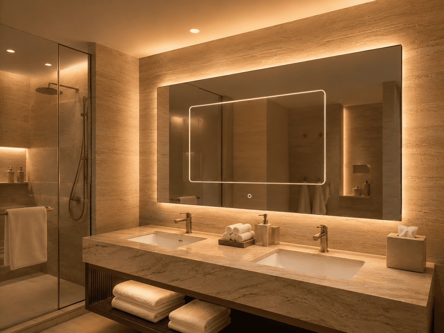 Warm 3000K LED bathroom mirror lighting in a hotel-style double vanity bathroom with soft hospitality ambience