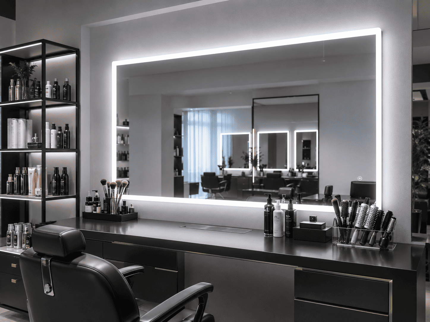 Cool 6000K salon LED mirror providing high-clarity daylight lighting for grooming and styling workstations