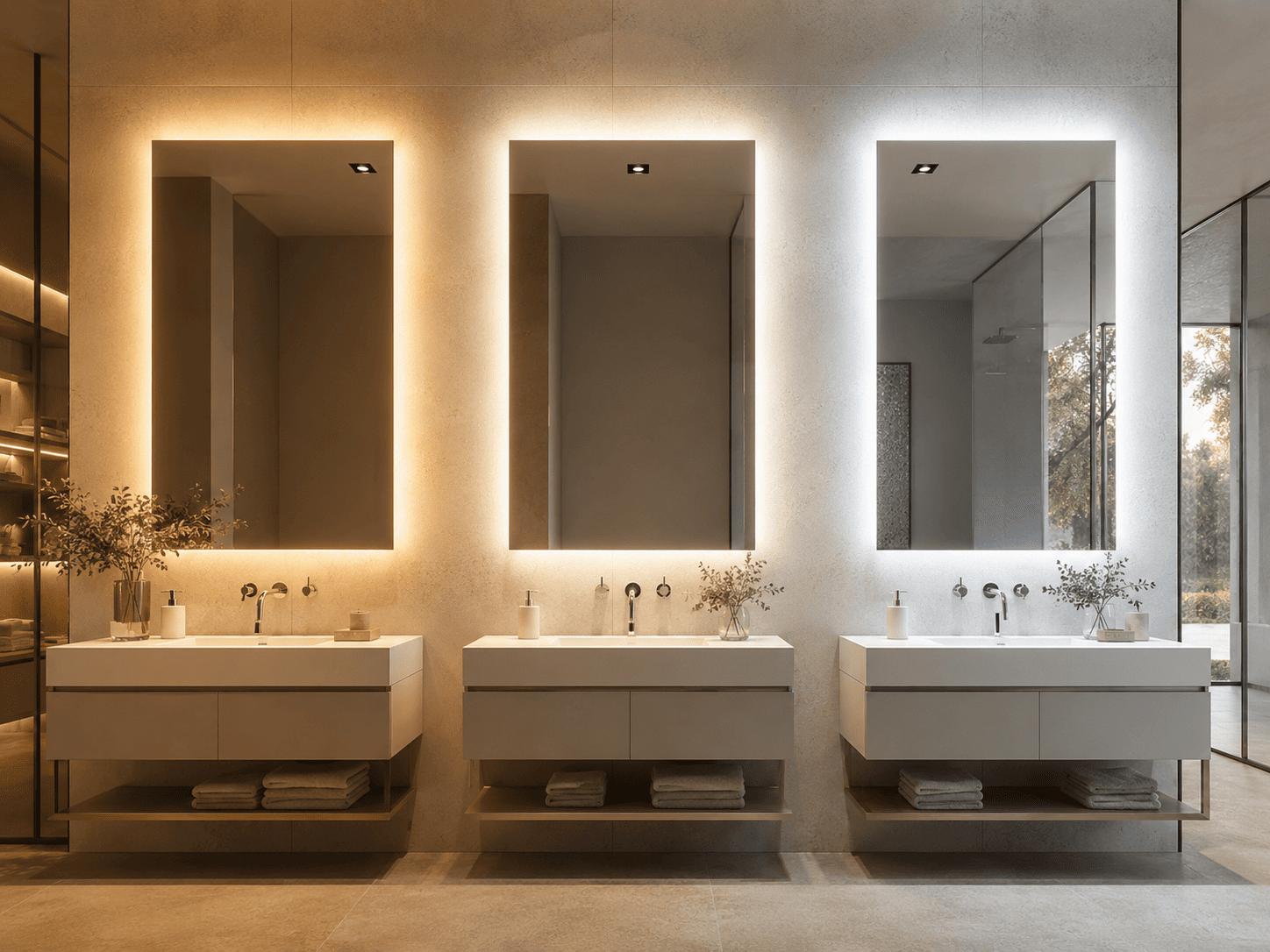 Three LED bathroom mirrors showing warm 3000K, neutral 4000K and cool 6000K lighting comparison above vanity basins