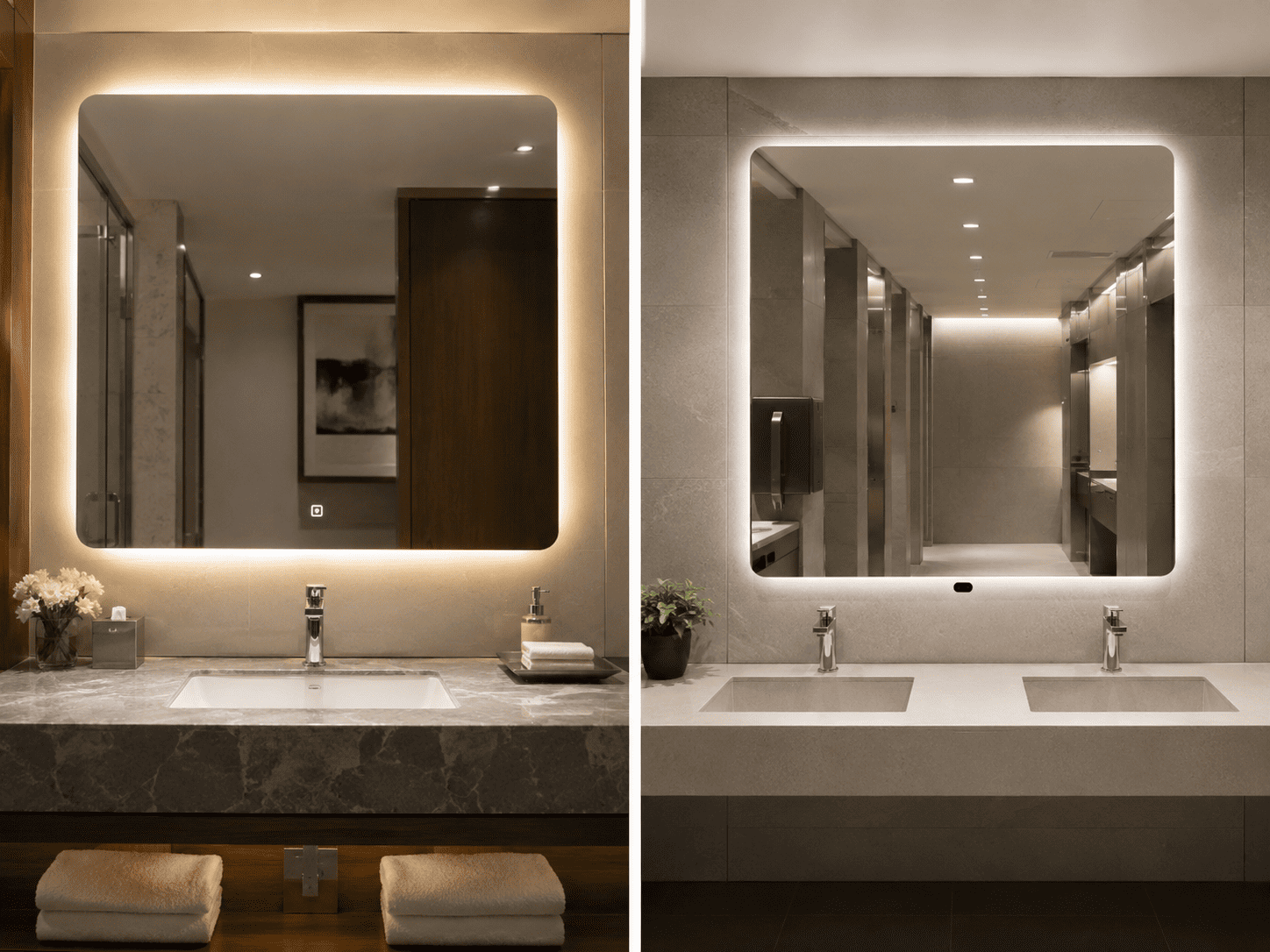 Two backlit bathroom mirrors showing different control configurations for hotel and commercial project comparison