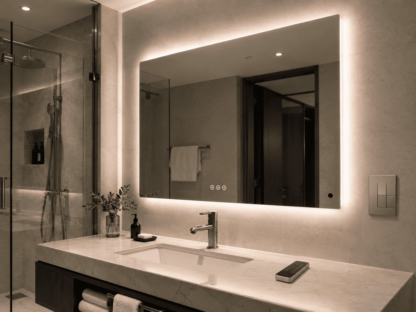 Backlit LED bathroom mirror with visible control and wiring details for hotel project specification