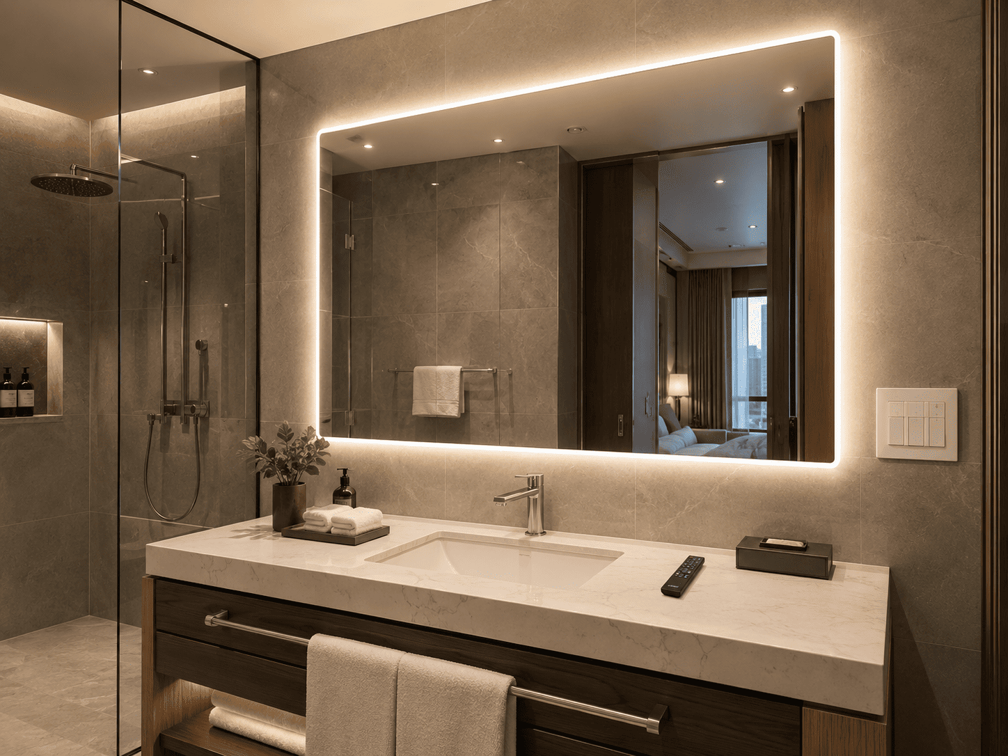 Backlit bathroom mirror with remote control and wall switch beside a hotel vanity for control technology review