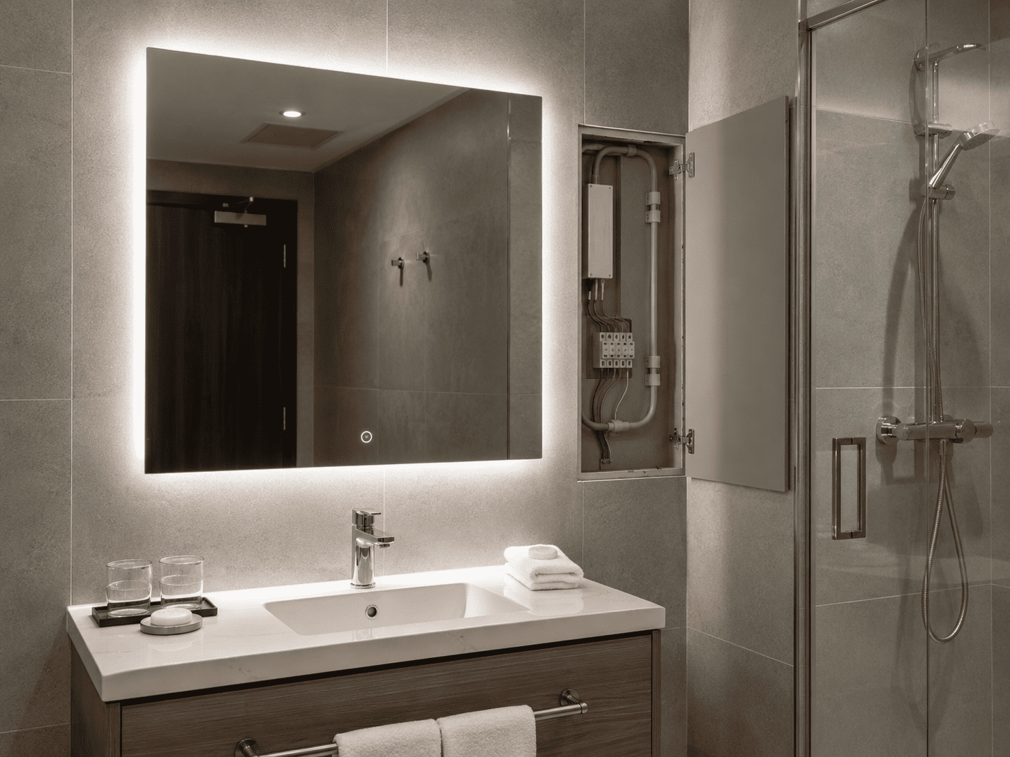 Backlit LED mirror installed in a hotel bathroom with a visible electrical service cabinet and shower zone