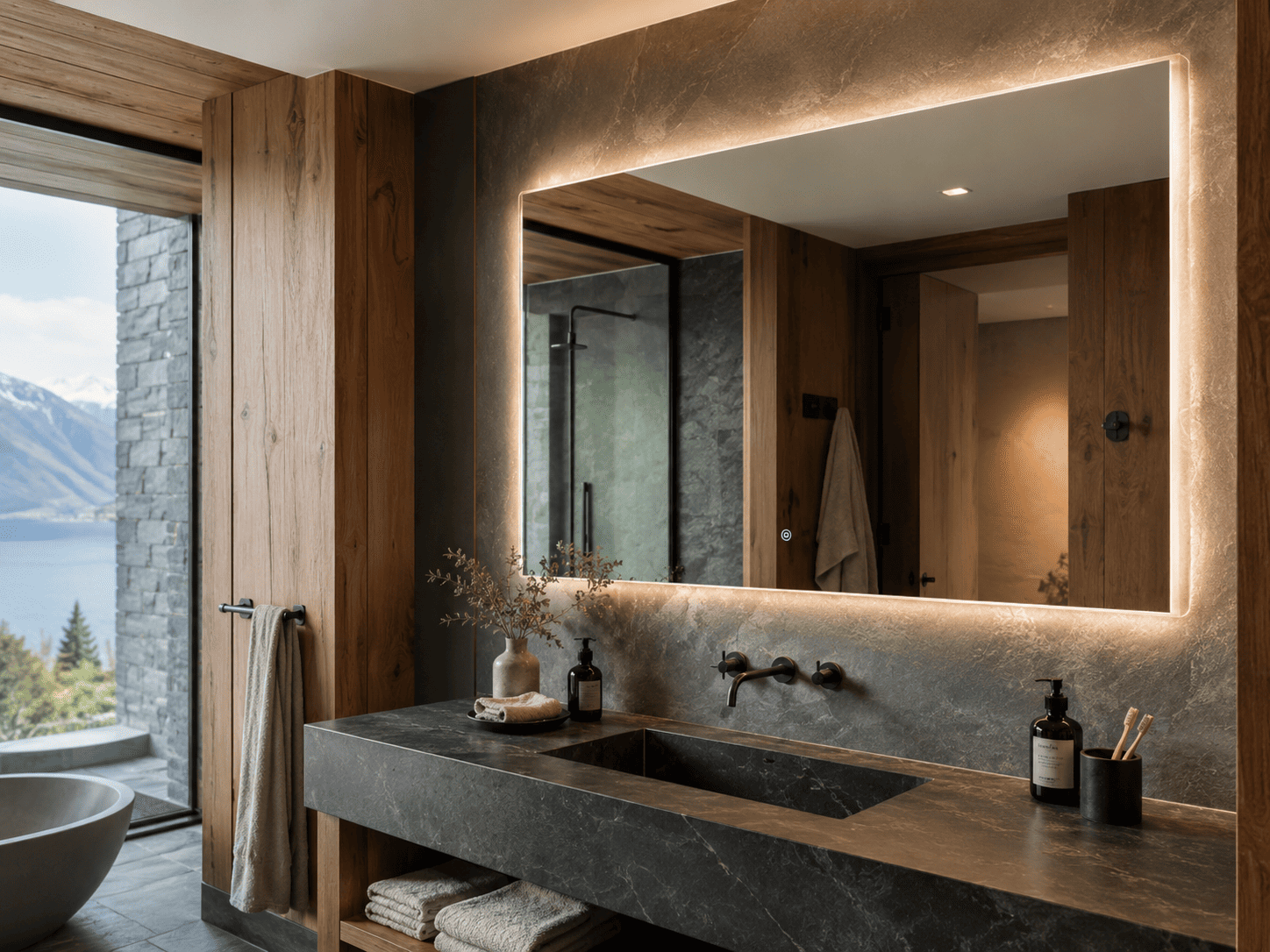 Warm backlit LED mirror in a New Zealand-style hotel bathroom with timber finishes and a stone vanity