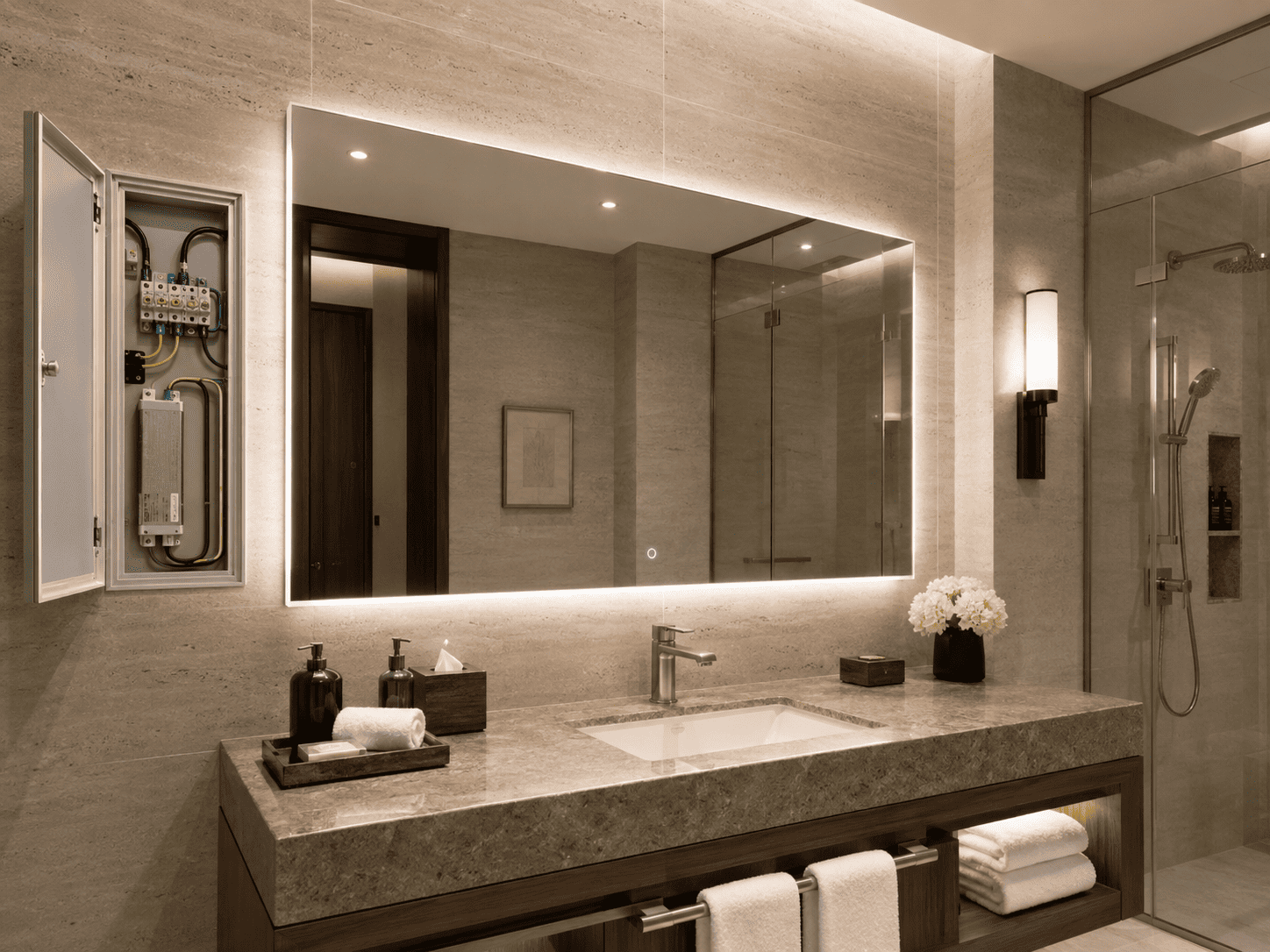 LED bathroom mirror with service panel open, showing internal driver and wiring layout for electrical compliance review