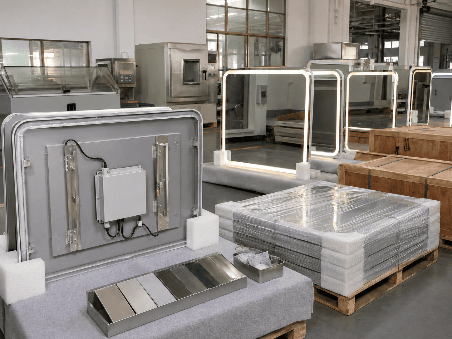 LED mirrors on a factory floor prepared for inspection and export packaging before bulk project shipment