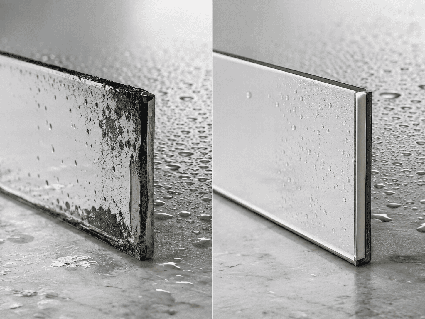 Traditional silver mirror and copper-free mirror layer structure compared in a wet bathroom environment