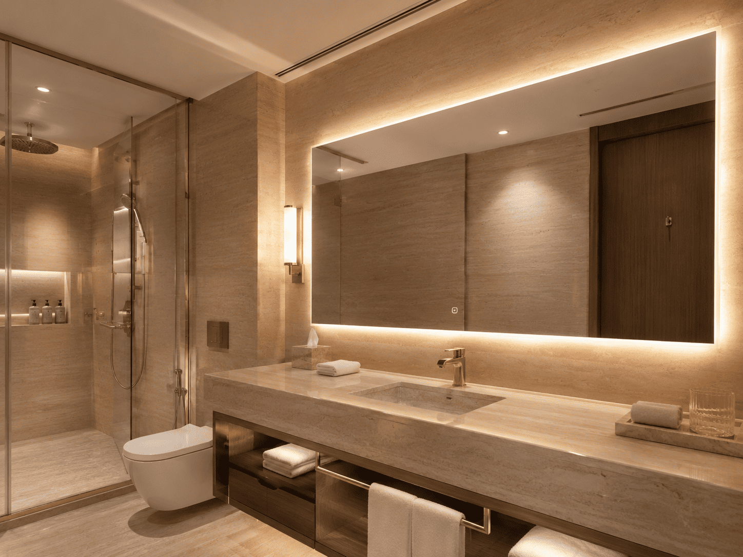 Warm-lit LED mirror installed in a luxury UAE hotel bathroom with stone vanity and glass shower enclosure