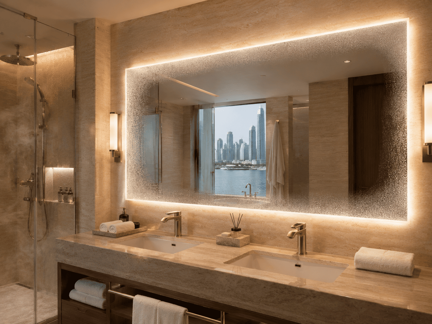 LED bathroom mirror showing anti-fog demister coverage and a clear viewing zone for humid UAE hotel bathroom use