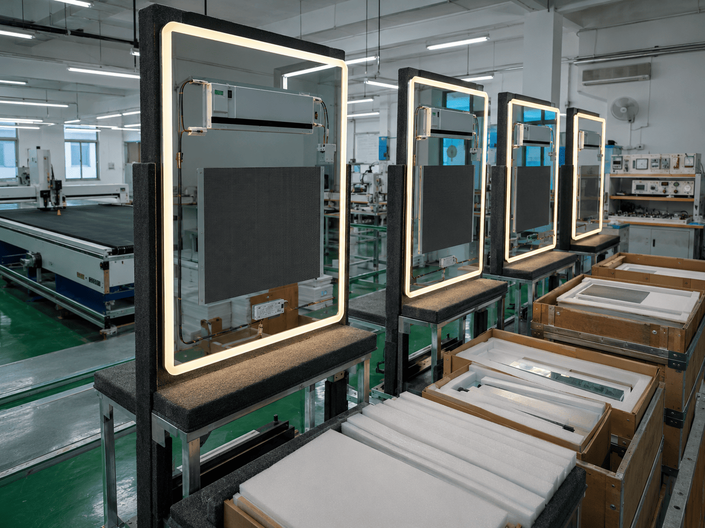 LED mirror OEM production floor preparing custom framed mirror units for export hotel projects